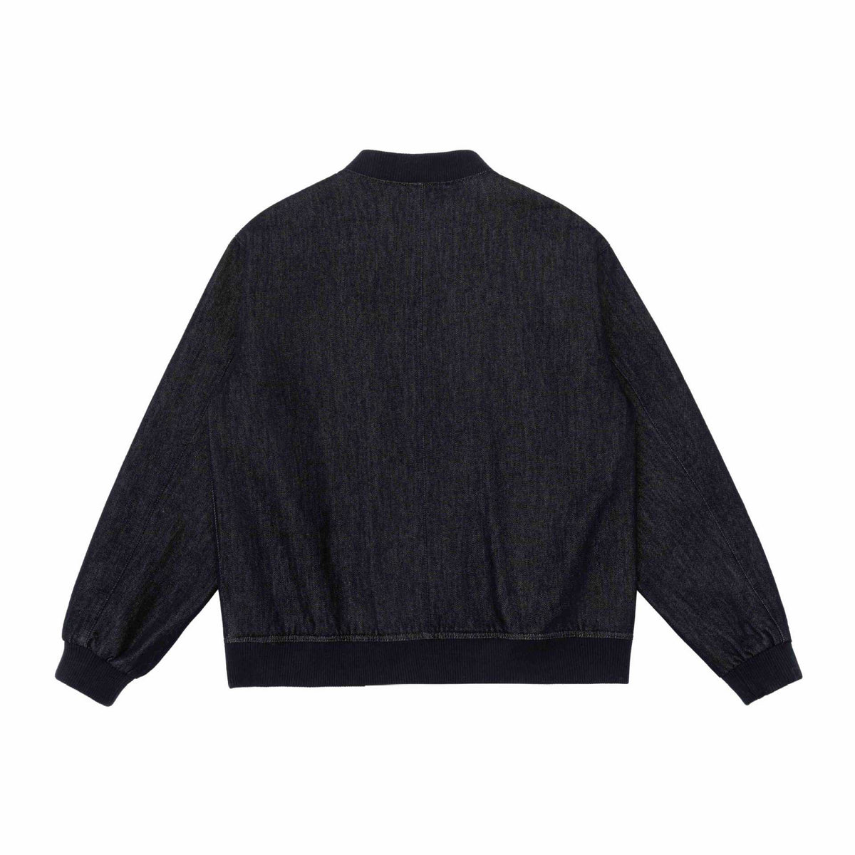 Unisex Boxy Jeans Bomber Jacket with Ribbed Collar, Snap Button Placket and Patch Pockets EVA-US