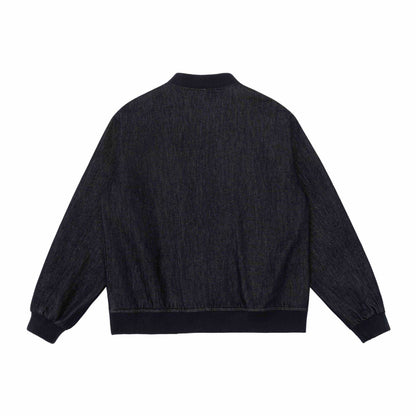 Unisex Boxy Jeans Bomber Jacket with Ribbed Collar, Snap Button Placket and Patch Pockets EVA-US