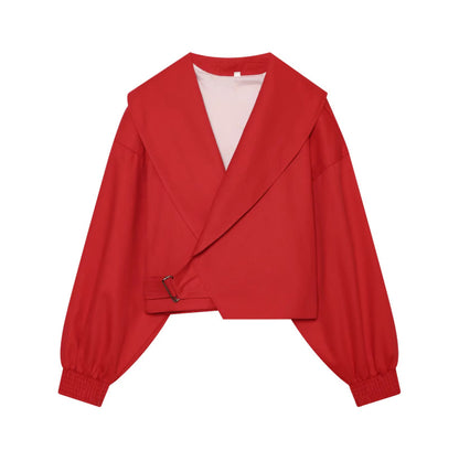 Women's short jacket with wide sailor collar, balloon sleeves, and asymmetrical buckle closure EVA-US