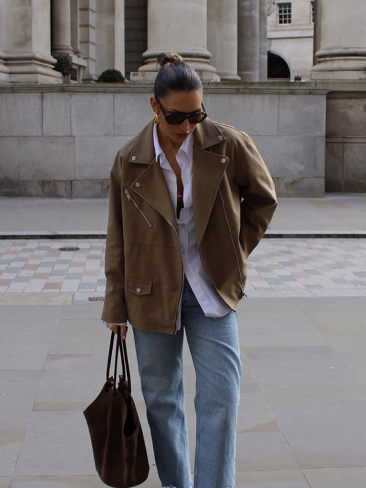 Women's oversized biker jacket made of suede imitation with asymmetrical zipper EVA-US