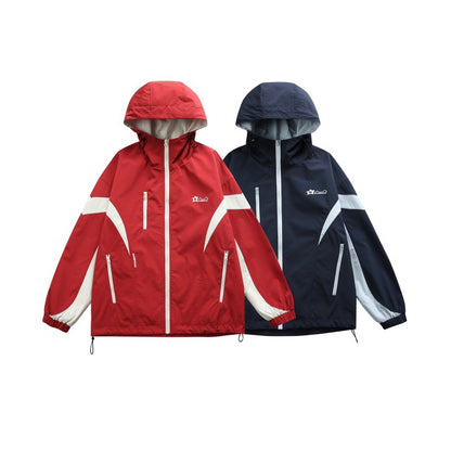 Unisex Technical Hooded Windbreaker Jacket in Boxy Cut with Contrasting Panels and Water-Repellent Zippers EVA-US