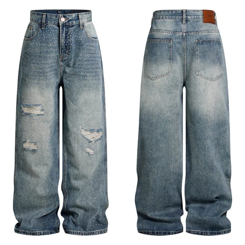 Ladies Wide High-Waist Denim Palazzo Jeans with Destroyed Details and Rhinestone Embellishment EVA-US