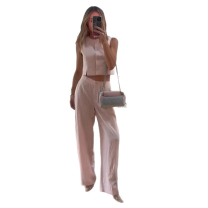 Women High-waisted wide summer trousers with crease and patch pockets EVA-US
