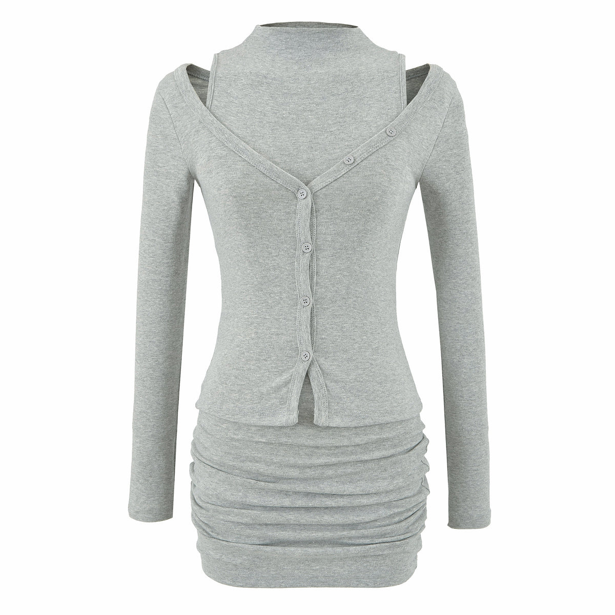 Ladies two-piece knit set with integrated high neck vest and asymmetric button cardigan EVA-US