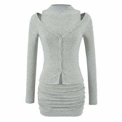 Ladies two-piece knit set with integrated high neck vest and asymmetric button cardigan EVA-US