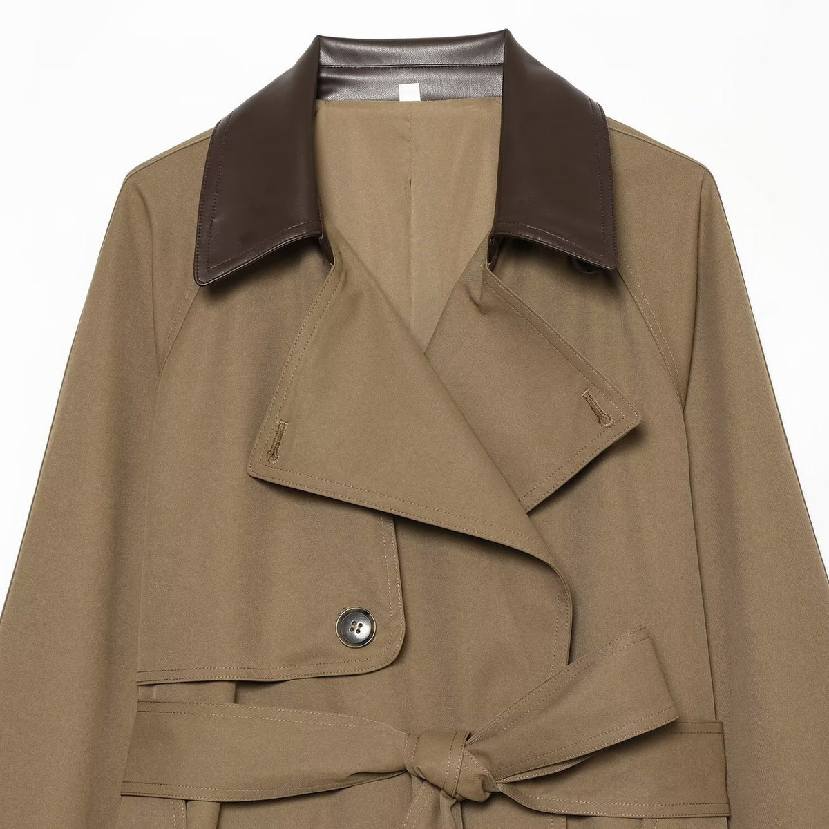 Women Short Trench Coat with Waist Belt and Contrast Collar EVA-US