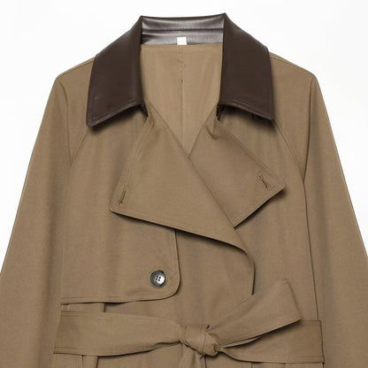 Women Short Trench Coat with Waist Belt and Contrast Collar EVA-US