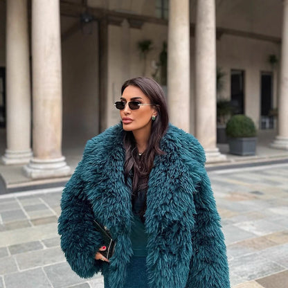 Women's Short Textured Faux Fur Coat with Voluminous Shawl Collar EVA-US