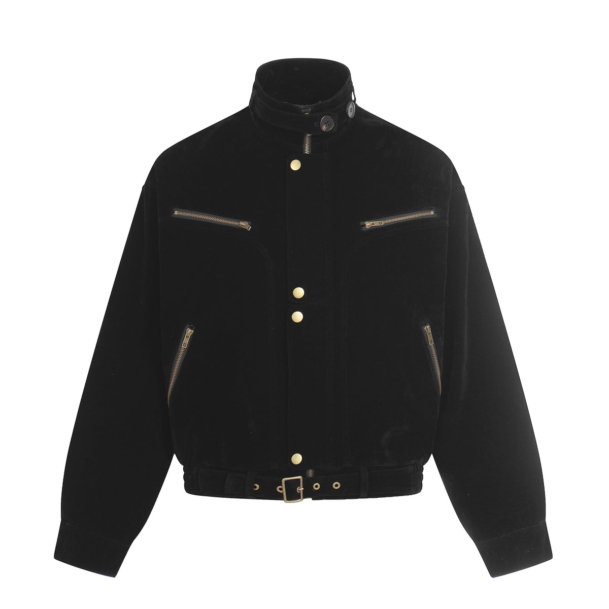 Men's suede aviator-style blouson with stand collar, waist belt, and zip pockets EVA-US