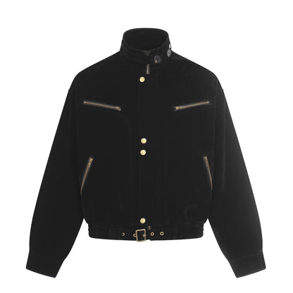 Men's suede aviator-style blouson with stand collar, waist belt, and zip pockets EVA-US