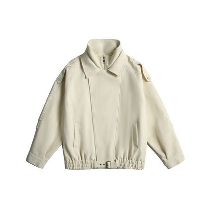 Unisex Short Cropped Boxy Blouson Jacket with Funnel Collar, Epaulettes and Waist Belt EVA-US