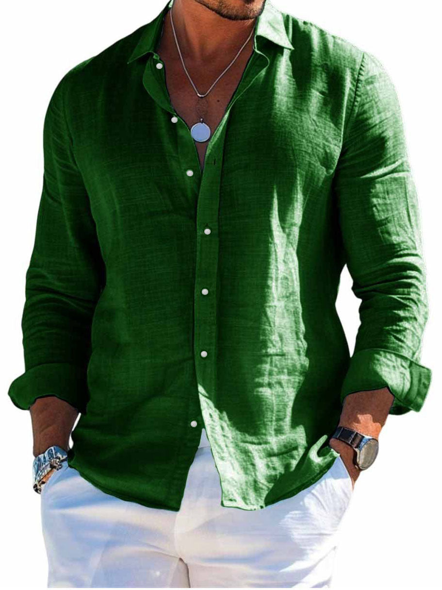 Men's textured linen shirt with open collar, lightweight texture, and casual-tailored fit EVA-US