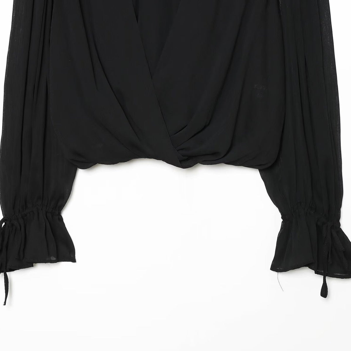 Women's chiffon blouse with tie, standing collar, and gathered balloon sleeves EVA-US