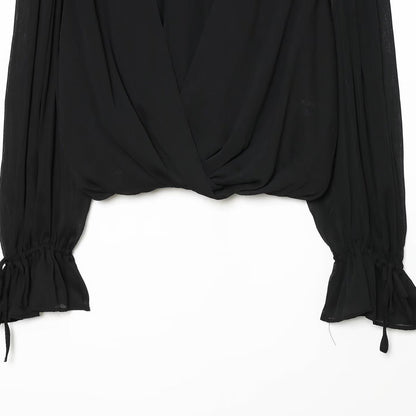 Women's chiffon blouse with tie, standing collar, and gathered balloon sleeves EVA-US