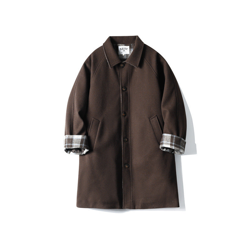 Men's Wool Blend Coat with Checked Lining, Raglan Sleeves and Classic Shirt Collar EVA-US