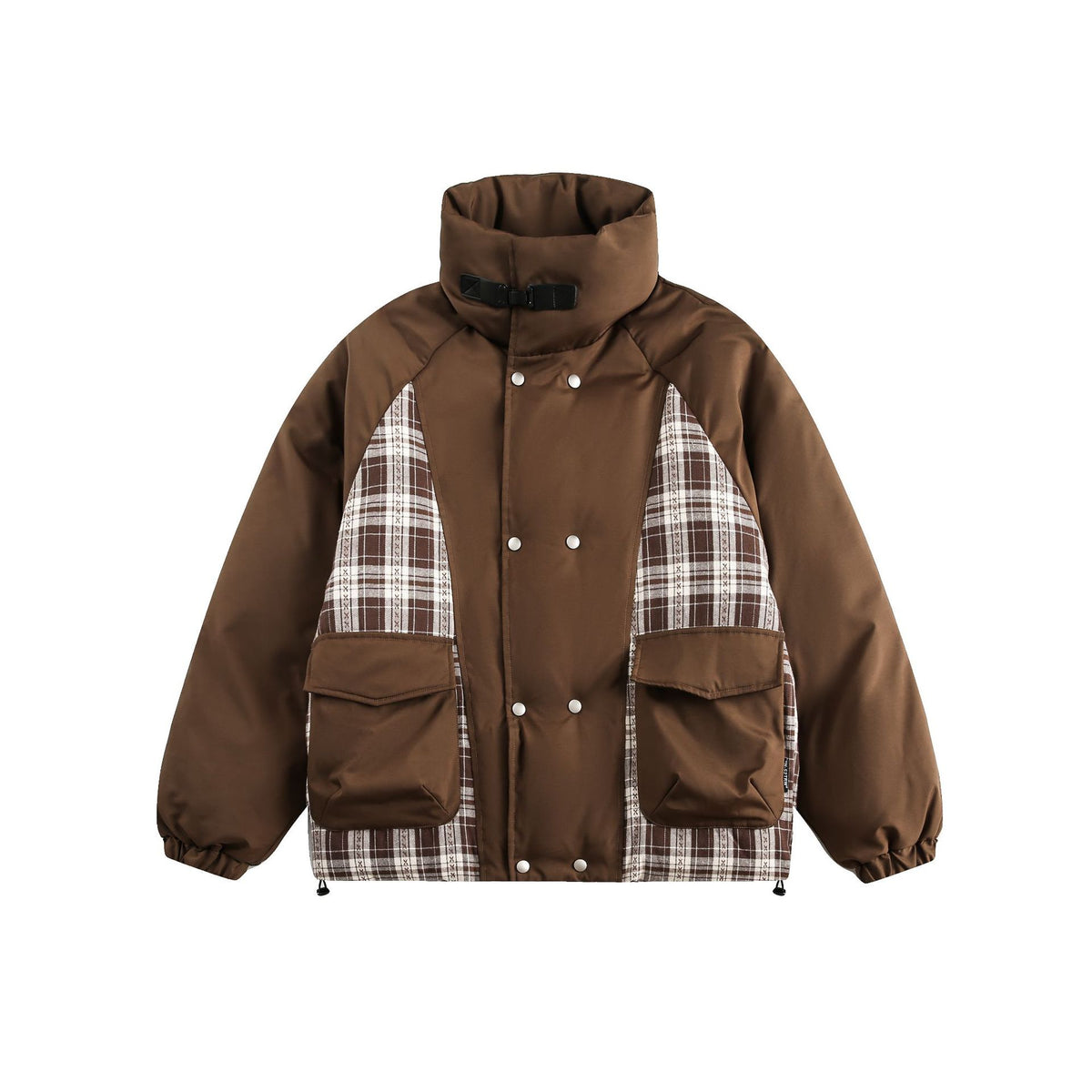 Unisex Oversize Stand Collar Puffer Jacket with Checked Insert Panel and Utility Pockets EVA-US