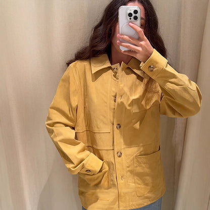 Women's Oversized Cotton Worker Jacket with Patch Pockets EVA-US