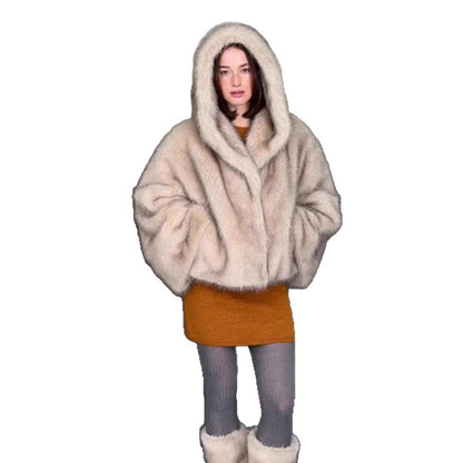 Women's hooded short jacket made of faux fur with boxy silhouette and warm padding EVA-US