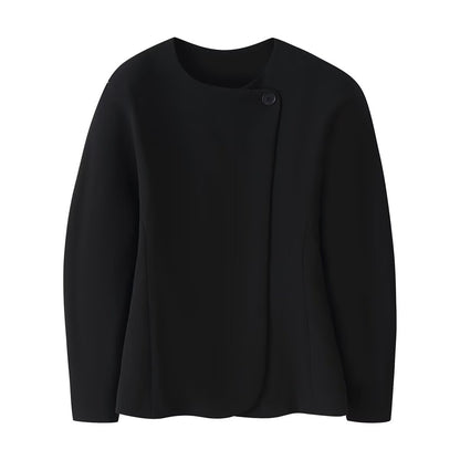 Women's Minimalistic Short Jacket with Asymmetrical Placket and Round Neckline EVA-US