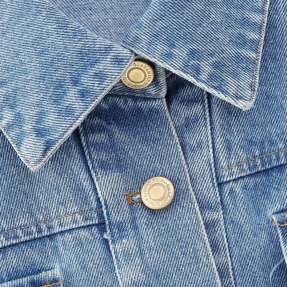 Women's Short Denim Jacket with Metallic Finish and Patch Chest Pockets EVA-US