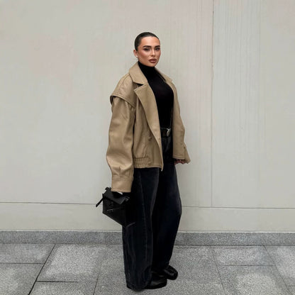 Women's Oversized Faux Leather Bomber Jacket with Boxy Cut and Wide Lapels EVA-US