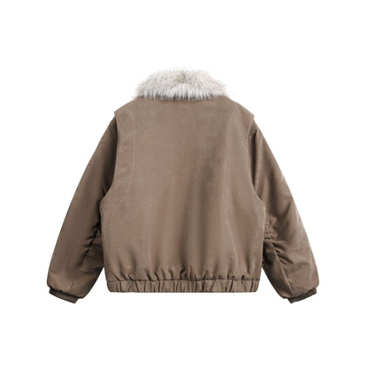 Women's short jacket in boxy cut with wide faux fur collar EVA-US