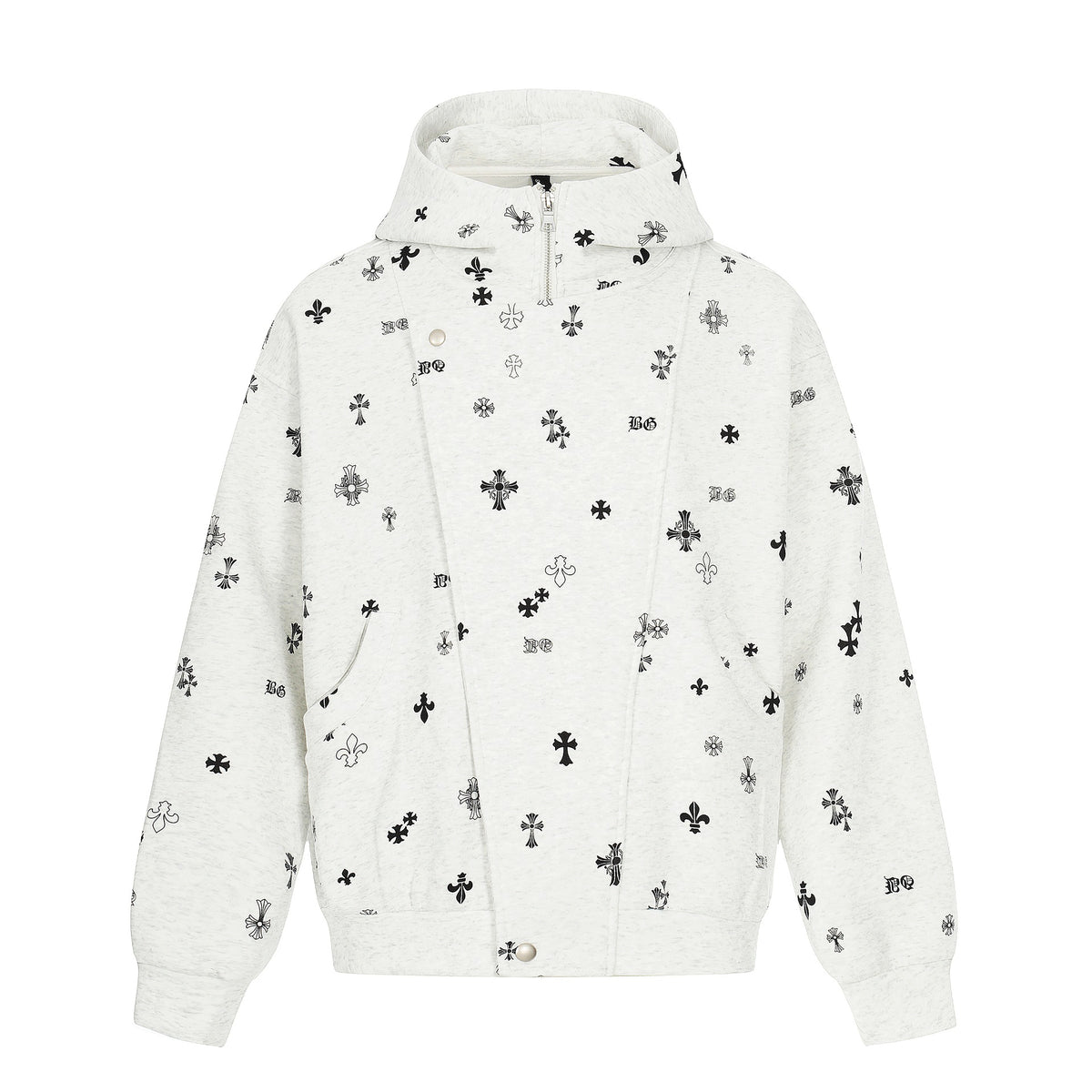 Unisex Boxy Hoodie Jacket with Half Zipper and Allover Print EVA-US