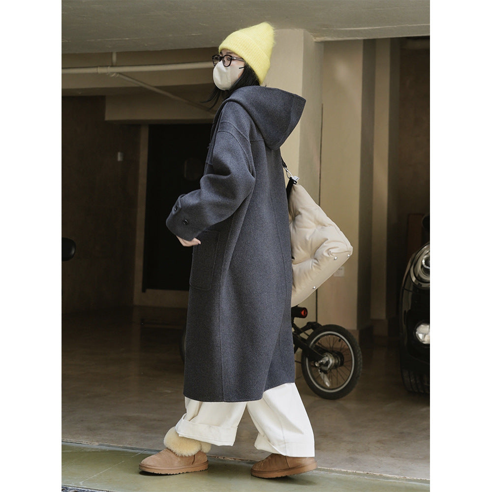 Women's Oversized Duffle Coat made of Wool Blend with Hood and Toggle Closures EVA-US