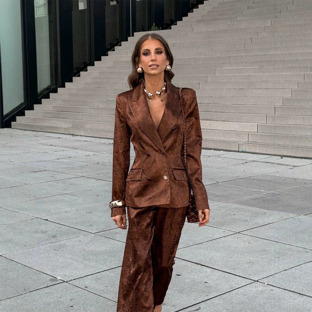 Women's Double-Breasted Velvet Blazer and Cropped Pants Co-Ord Set EVA-US