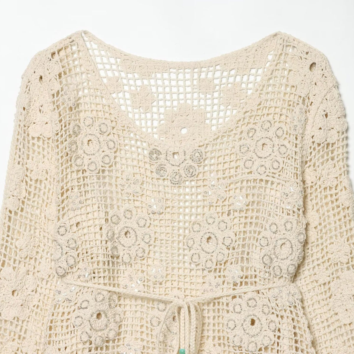 Women's crochet sweater with flower appliqués and drawstring EVA-US