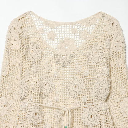 Women's crochet sweater with flower appliqués and drawstring EVA-US