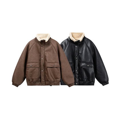 Men's short-cut velour blouson with sherpa collar and utility patch pockets EVA-US