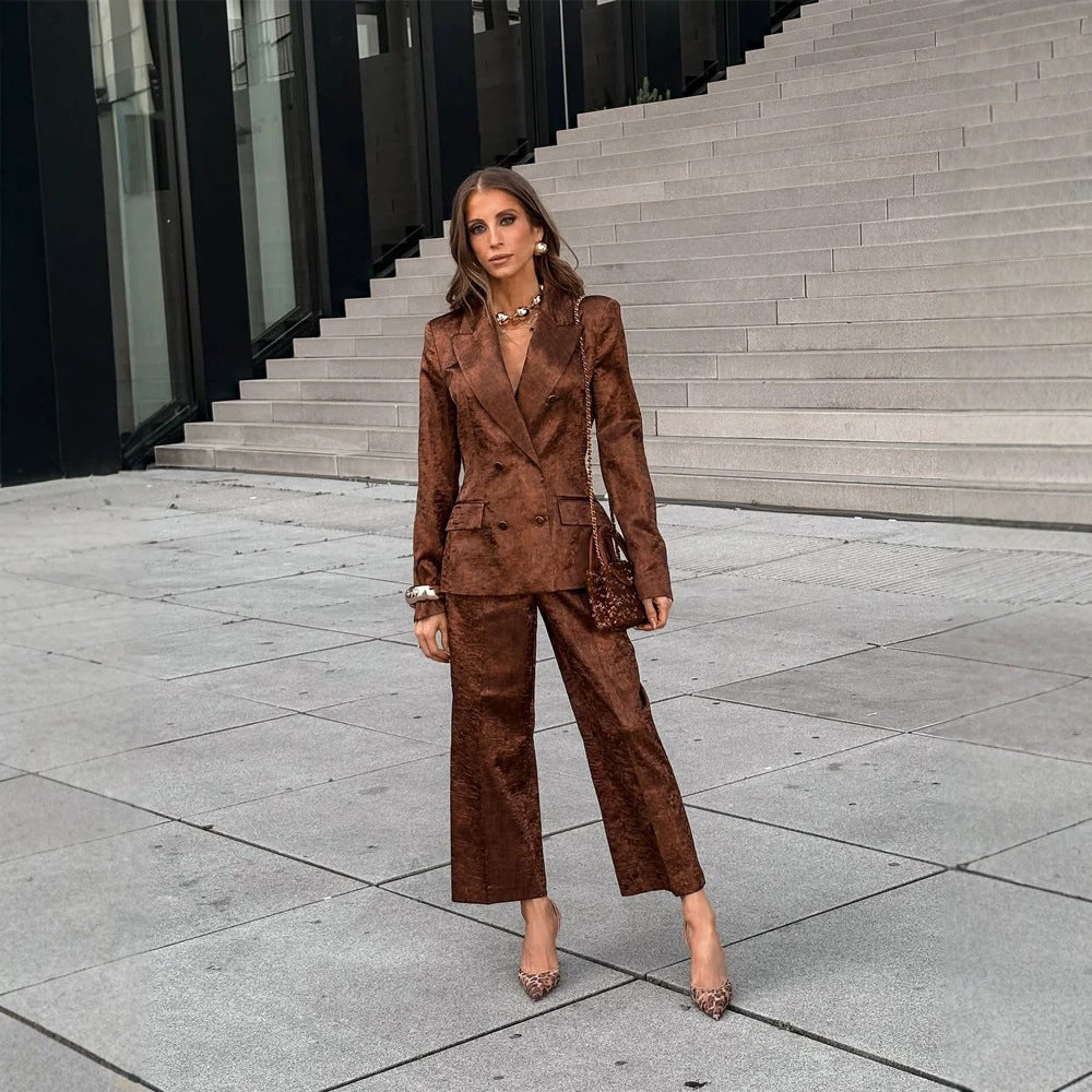 Women's Double-Breasted Velvet Blazer and Cropped Pants Co-Ord Set EVA-US