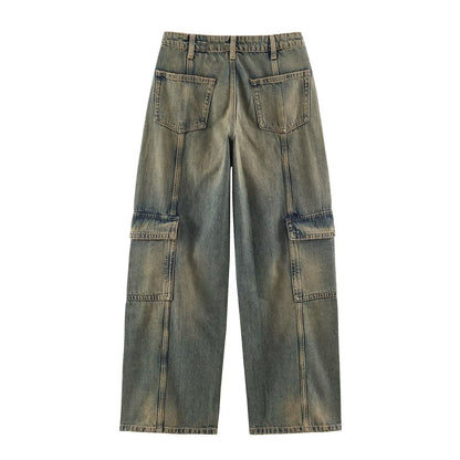 Women's cargo jeans with wide legs, high waist and patch thigh pockets EVA-US