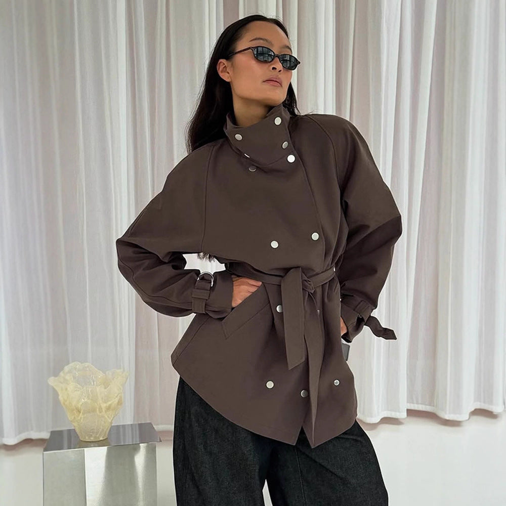 Women's Tailorable Oversize Short Trench with High Stand Collar, Snap Button Front and Tie Belt EVA-US