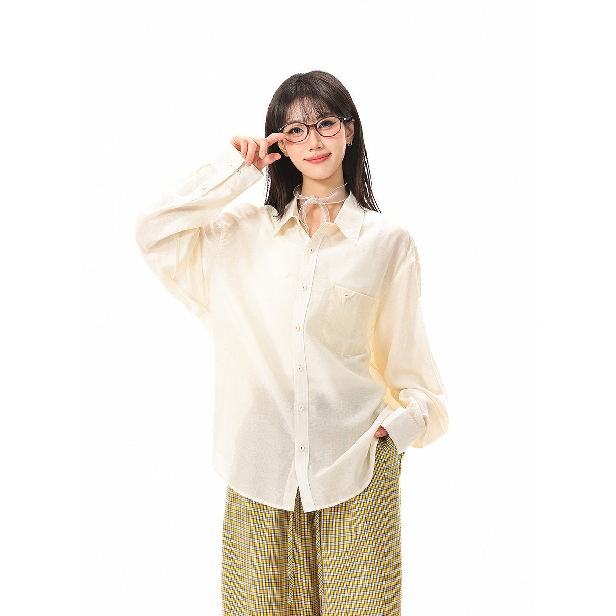 Women's loose-fitting oversized shirt blouse with chest pocket and textured cotton blend EVA-US