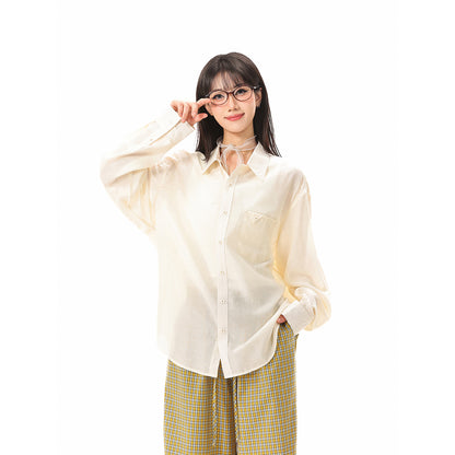 Women's loose-fitting oversized shirt blouse with chest pocket and textured cotton blend EVA-US