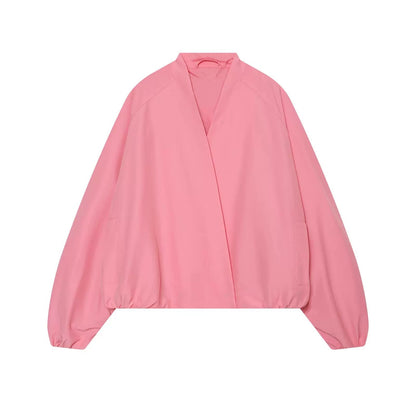 Women's bomber-style short jacket with kimono collar, balloon sleeves, and elastic hem EVA-US