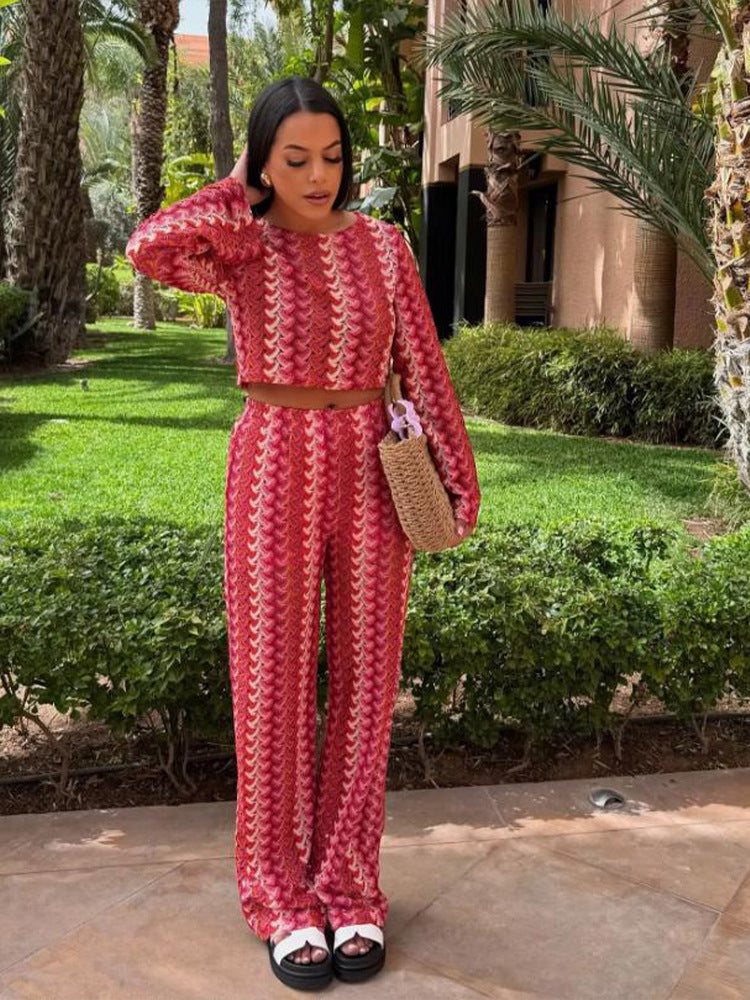 Women Crocheted Two-Piece Lounge Set with Short Sweater and High-Waisted Palazzo Pants EVA-US