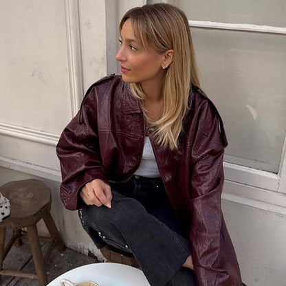 Women's short jacket in glossy patent look with boxy silhouette and dropped shoulders EVA-US