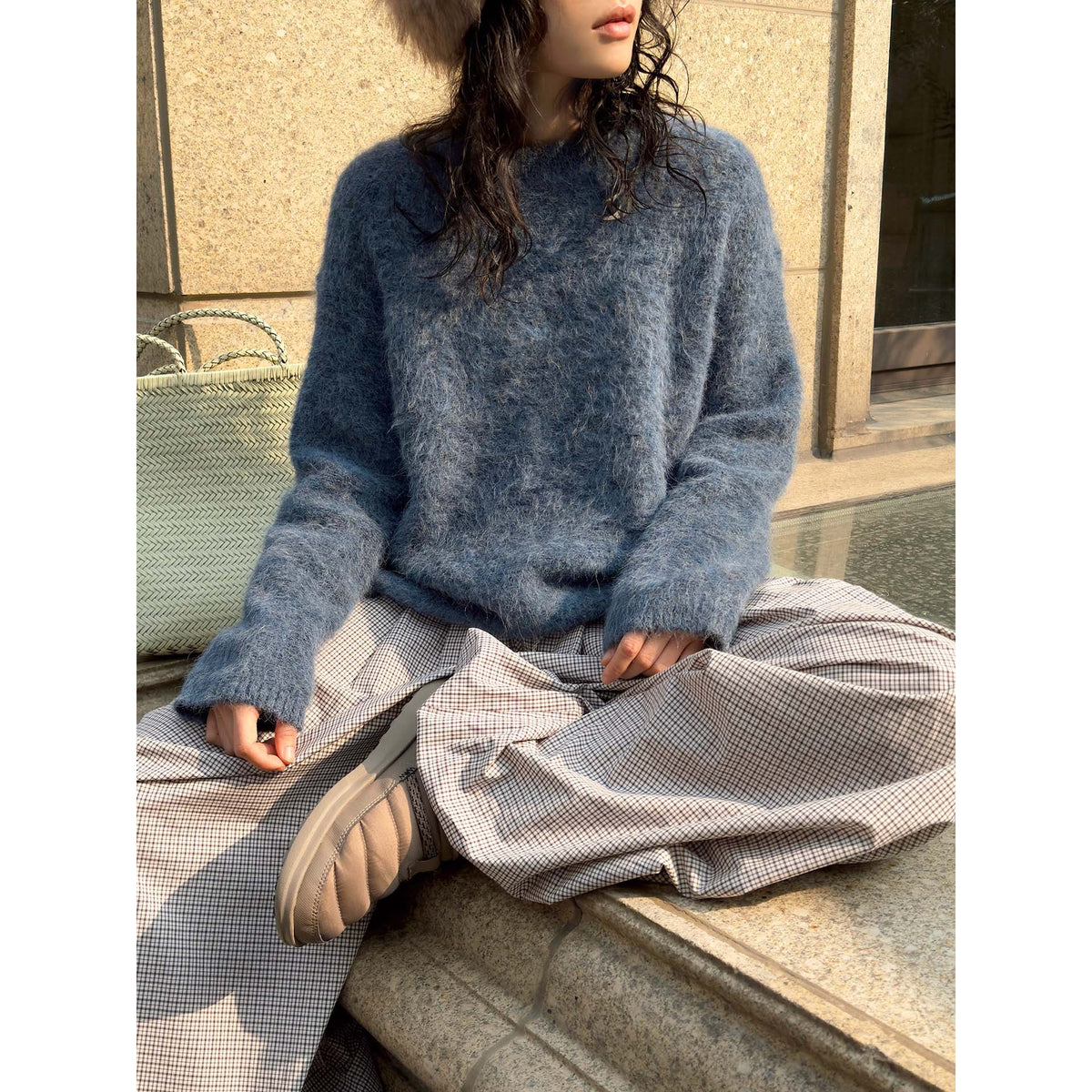 Women Fluffy Mohair-Mix Sweater with Loose Oversize Cut EVA-US