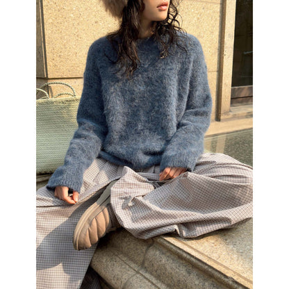 Women Fluffy Mohair-Mix Sweater with Loose Oversize Cut EVA-US
