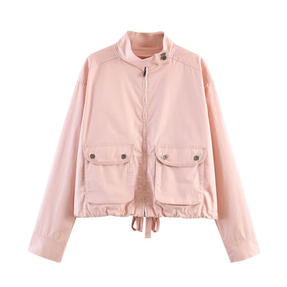 Women Lightweight Cropped Field Jacket with Stand-up Collar, Drawstring and Flap Pockets EVA-US