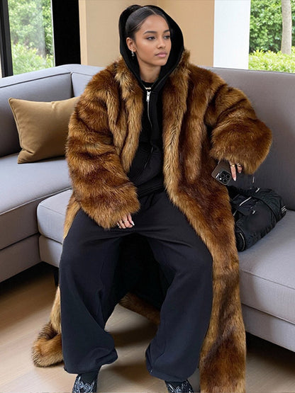 Women's Oversize Faux Fur Coat with Hood and Luxurious Fur Look EVA-US