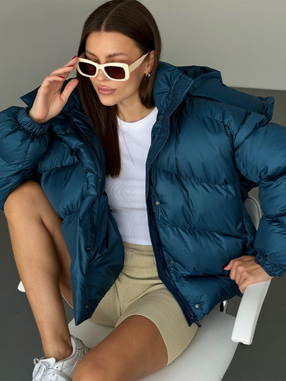 Ladies short puffer jacket with thermal filling, oversized hood & concealed two-way zipper EVA-US