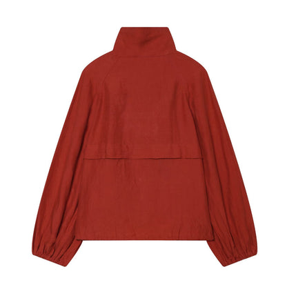 Ladies short jacket with high stand-up collar, continuous button placket and drawstring EVA-US