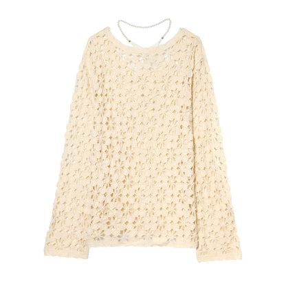 Women's crochet pullover with floral lace look, scallop hem, and delicate ribbon EVA-US