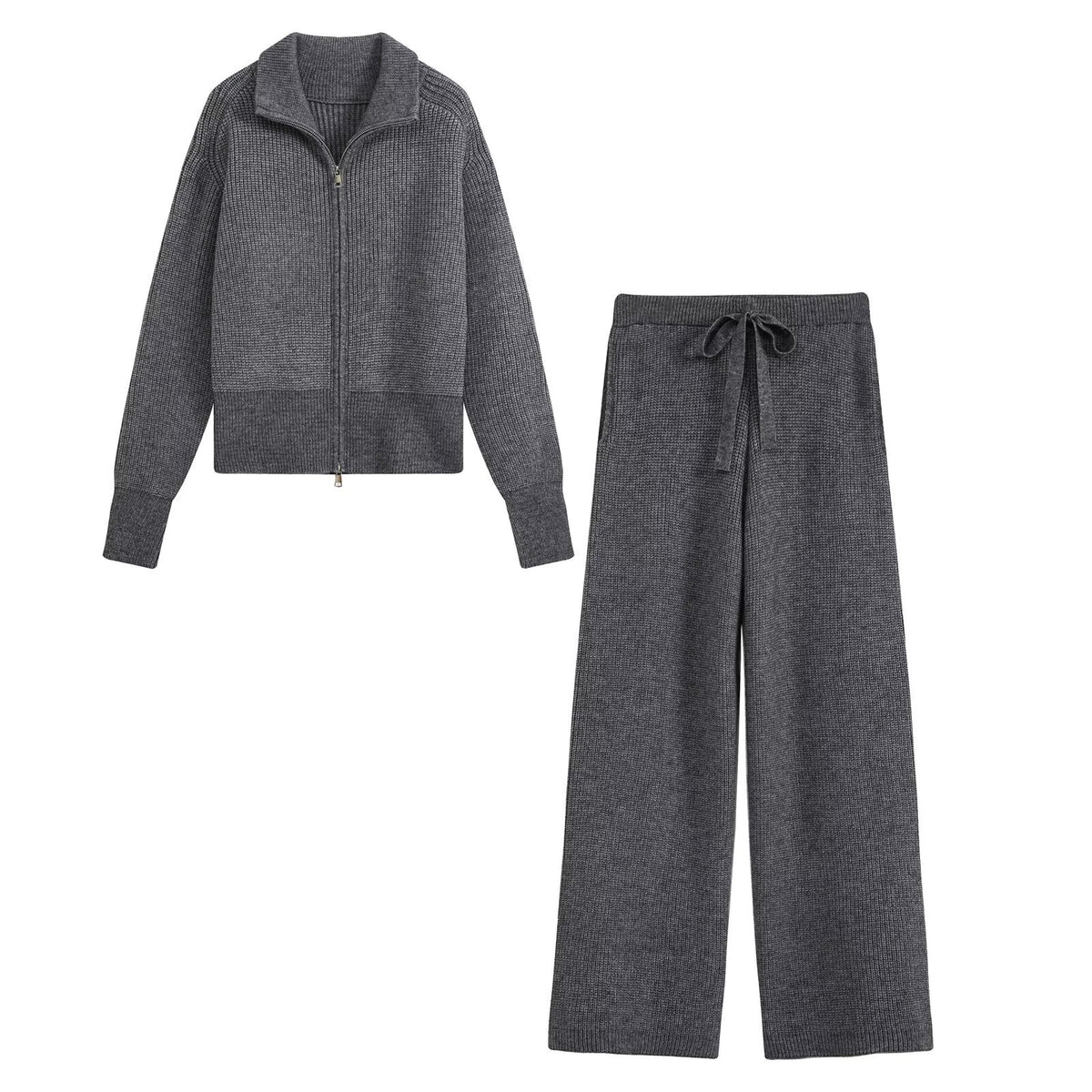 Women's Two-Piece Knit Set with Zipper Cardigan, Stand Collar and Wide Leg Trousers