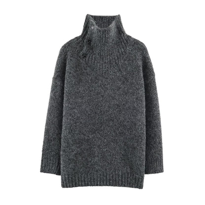 Women's Oversized Knit Sweater with High Ribbed Collar, Button Detail and V-Neck EVA-US