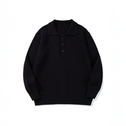 Men's Ribbed Polo Collar Sweater with Triple Button Placket and Relaxed Fit EVA-US